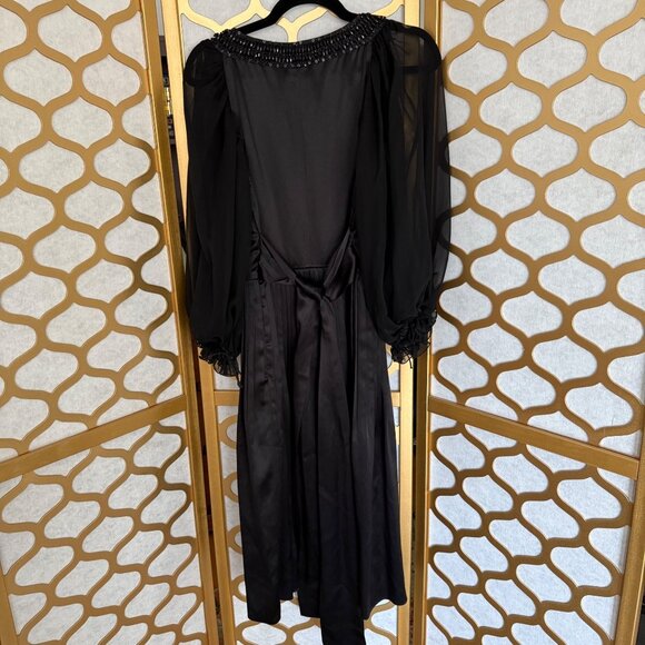 Lafayette 148 Size 4 Black Silk Sheer Sleeves Beaded Pleated Evening Gown - Picture 11 of 16